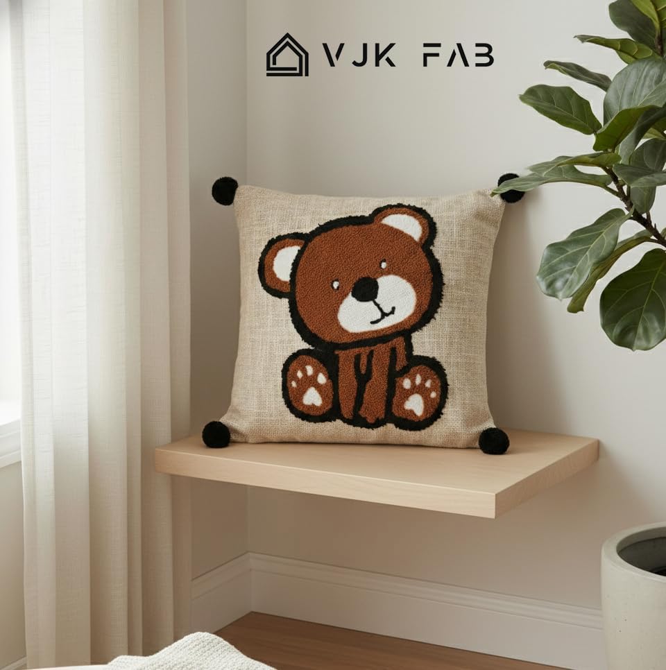 Image of Cotton Fabric Cartoon Bear Embroidered Kids Cushion Cover for Sofa Set /Diwan Beds 16 x 16 Inches or 40x40 cms Cushion Covers, Sofa Throw Pillow Cover Only, Set of 1 Pc