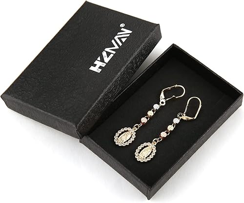 Vista 6 de HZMAN Aretes colgantes chapados en oro de 14 quilates para mujer, hipoalergénicos, circonita cúbica de Nuestra Señora de Guadalupe, regalo