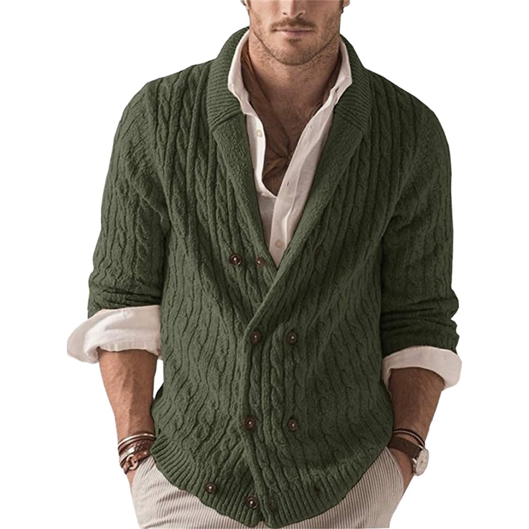 Wekumgy Mens Cable Knit Cardigan Sweater Button Down Open Front Shawl Collar Sweaters Casual Knitwear Ribbed Jackets Army Green