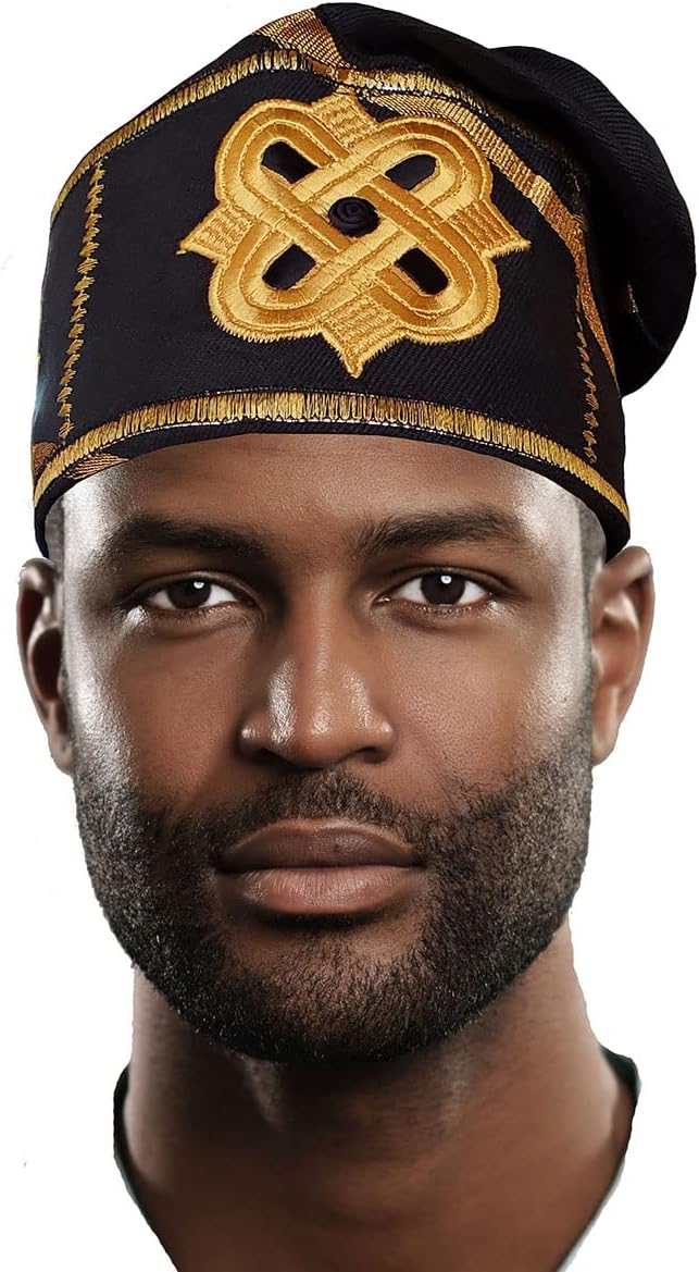 Black and Gold Embroidered African Hand Woven ASO Oke Hat