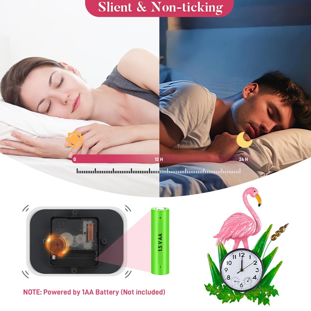 Reloj de pared silencioso con diseño de flamenco para exteriores, con termómetro y humedad, de cuarzo, impermeable, decoración para patio, jardín, sala de estar (rosa)