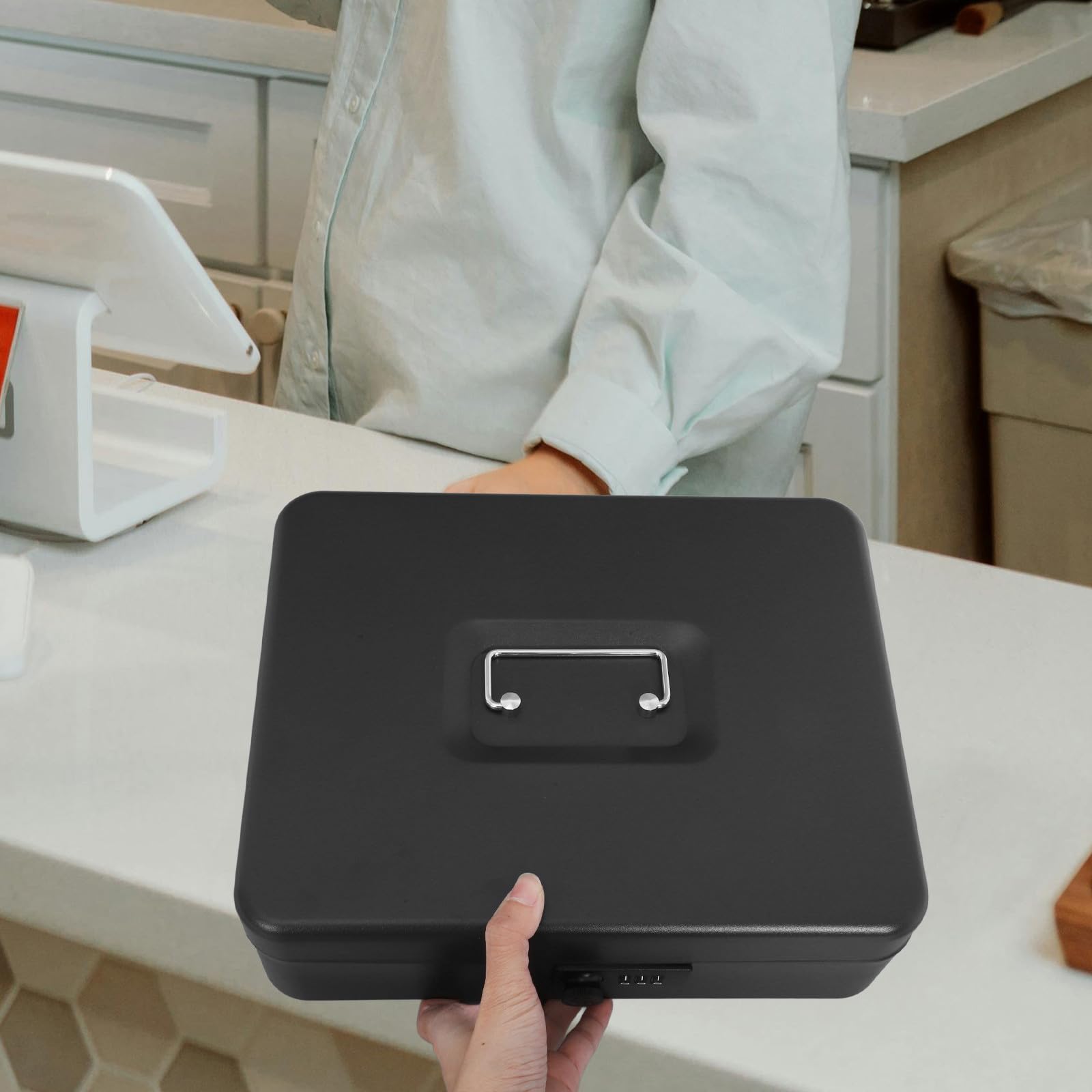 TOYANDONA Caja de Dinero Cerradura y Gran Capacidad de Hierro Negro, Almacenamiento Seguro y Duradero Adecuado para Oficina y Hogar