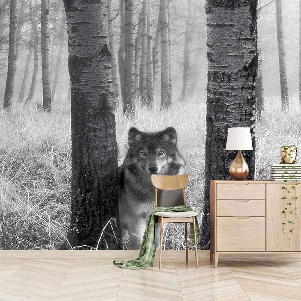Papier peint loup gris pour fond de meuble TV et salon scandinave