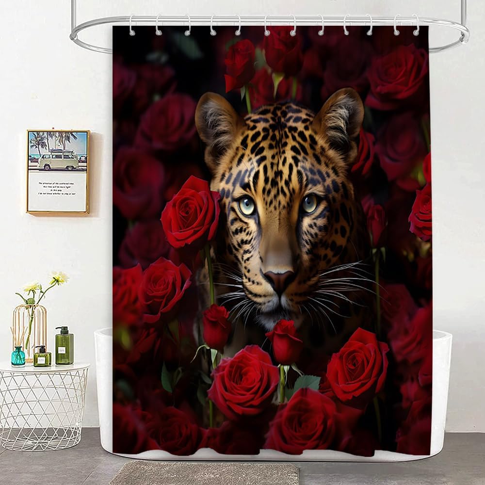 Leopard Floral Shower Curtain Red Rose Flower Wildlife Wild Animal Fashion Modern Romantic Woman Girl Polyester Fabric Bathroom Curtain with Hooks, 90x70 Inch