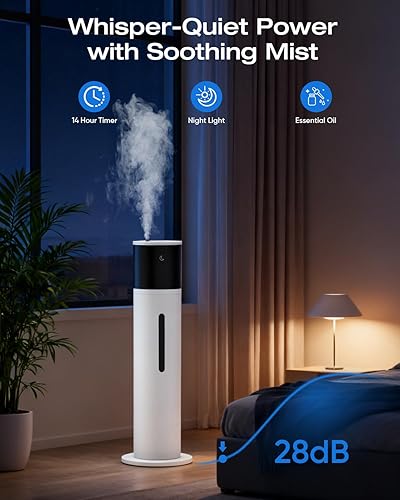 Miniatura 5 de Humidificador de 13 L para habitación grande, 100 horas de funcionamiento, 28 dB, silencioso, humidificador de aire de niebla fría para dormitorio,