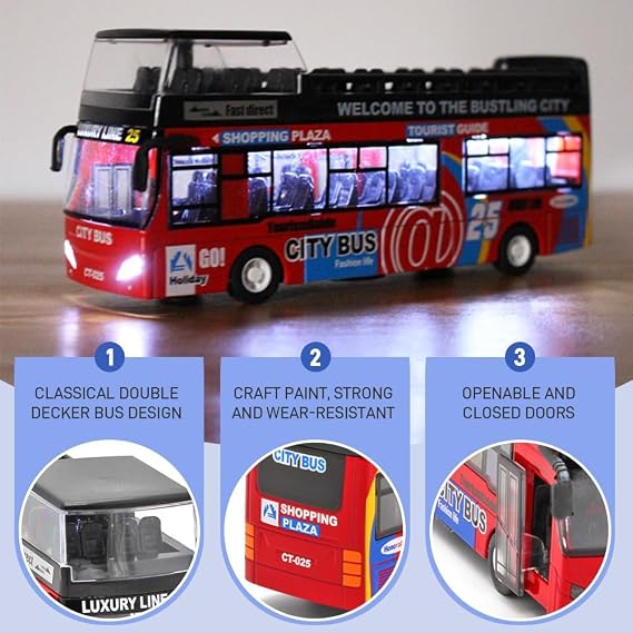 London Double Decker Bus Toy 1:32 Scale Die Cast Model Pull-Back Bus Model Alloy Diecast Toy City Buses Kids Play Vehicle with Light and Sound Birthday Gifts for Kids-A2