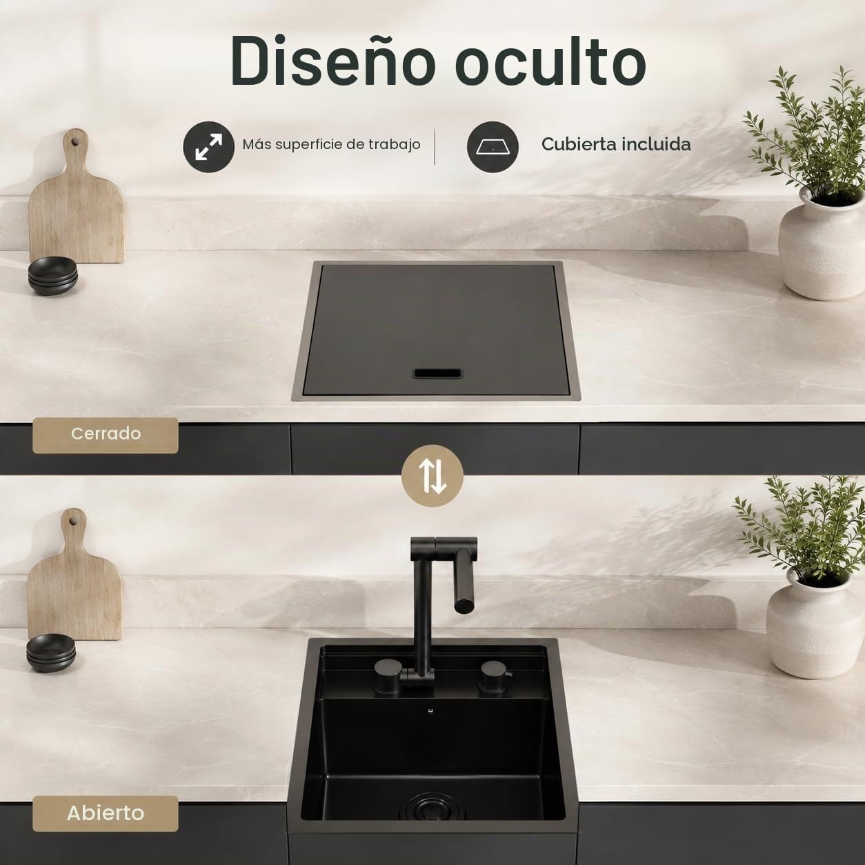 Fregadero de cocina para subplano, 39 x 43 x 23 cm, lavabo invisible que ahorra espacio con tapa, fregadero de acero inoxidable con grifo plegable, 1 bandeja empotrable, para bar, caravana