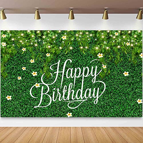 KIKIDOR Happy Birthday Greenery Backdrop Nature Green Grass Small Flower Shoot Photo Background Birthday Party Cake Table Booth Banner Decoration Supplies 7x5ft BJDWKI019