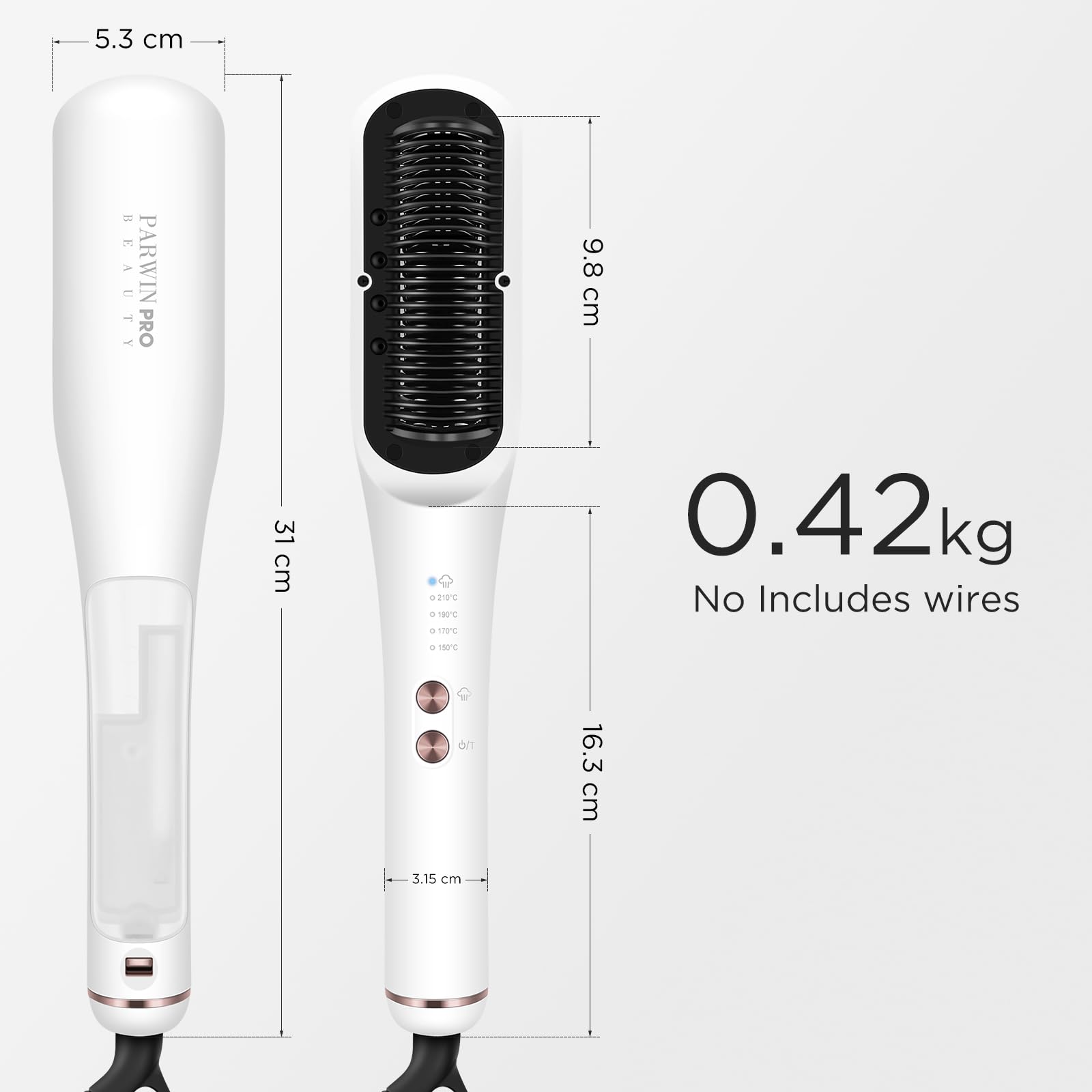 PARWIN PRO BEAUTY szczotka do prostowania włosów 3 w 1, lampka kontrolna LED, technologia jonowa i para do podwójnej pielęgnacji, redukuje uszkodzenia, 4 ustawienia temperatury – biała