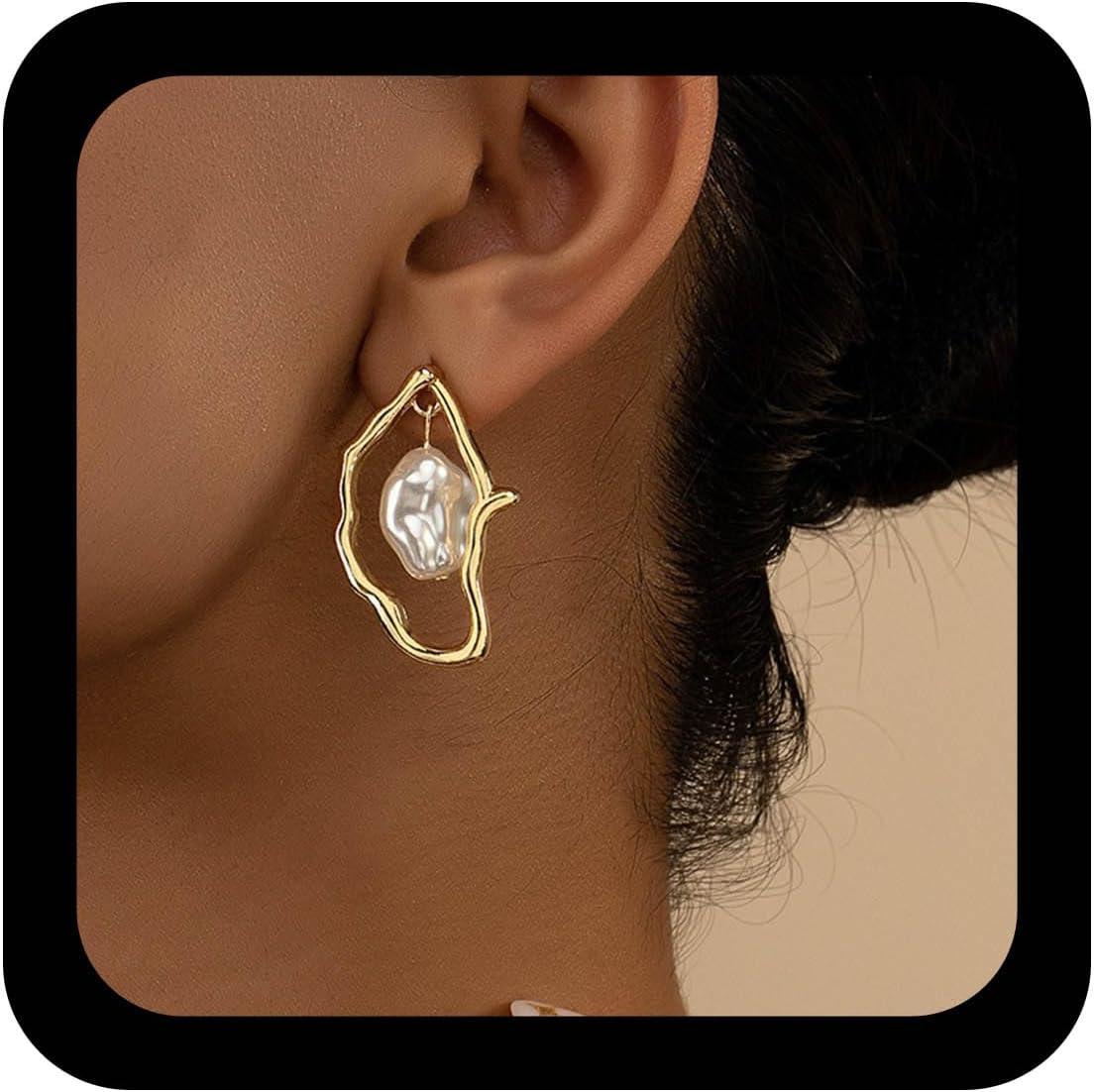 Punk Baroque Pearl Drop Earrings Bridal Pearl Dangle Earring Irregular Gold Hoop Earrings Abstract Metal Earring Irregular Oval Stud Jewelry for Women