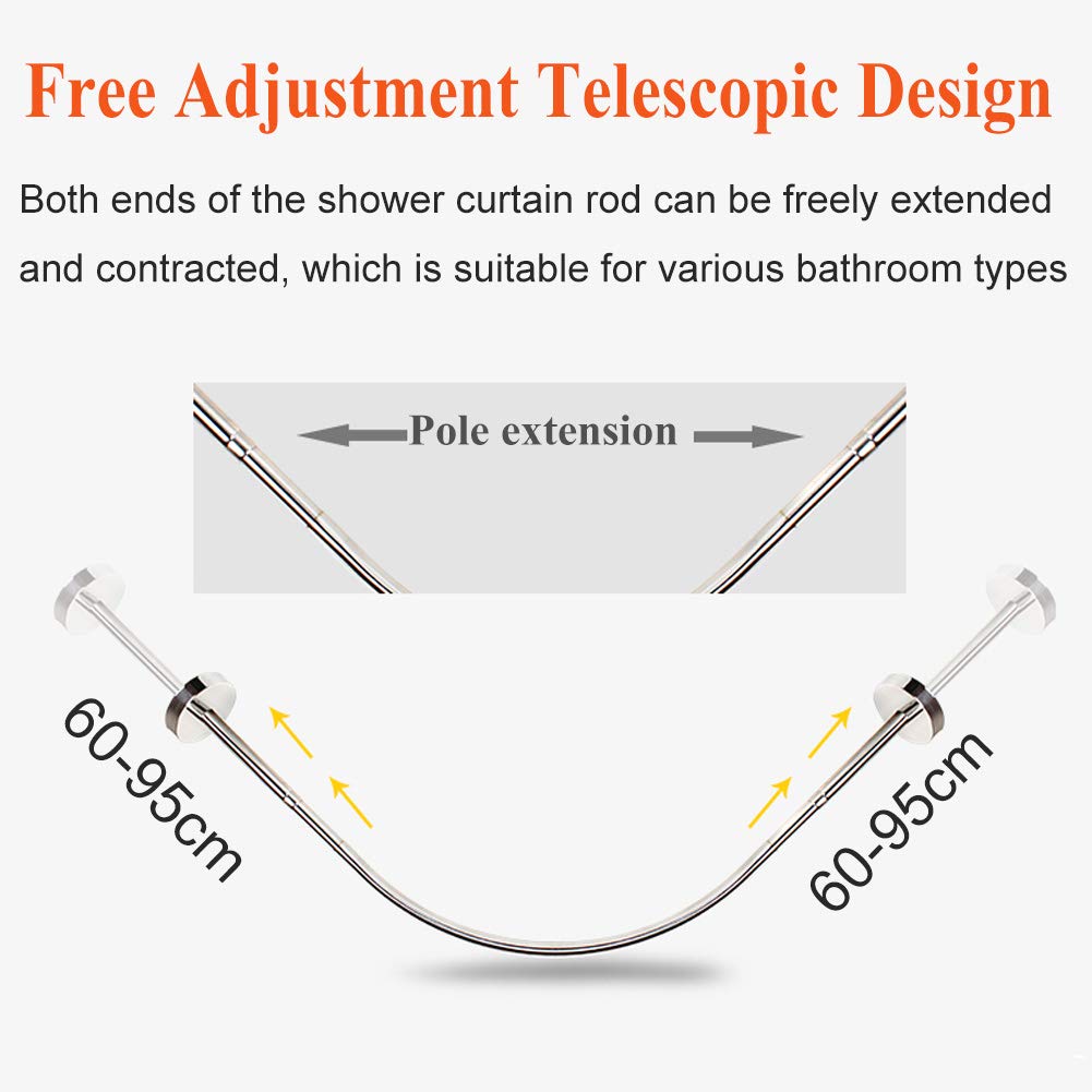 Curved Shower Curtain Rod U-Shaped No Drilling Bathroom Bathtub Bath Corner Curtain Rail Bar Adjustable,Extendable Stainless Steel Pole 60-95cm * 60-95cm