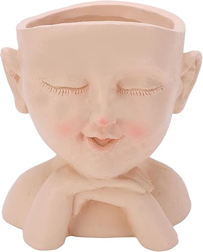 Bonita maceta de cabeza de niña, maceta de cara humana, bonita maceta de resina con orificio de drenaje, ojos cerrados para plantas de interior y