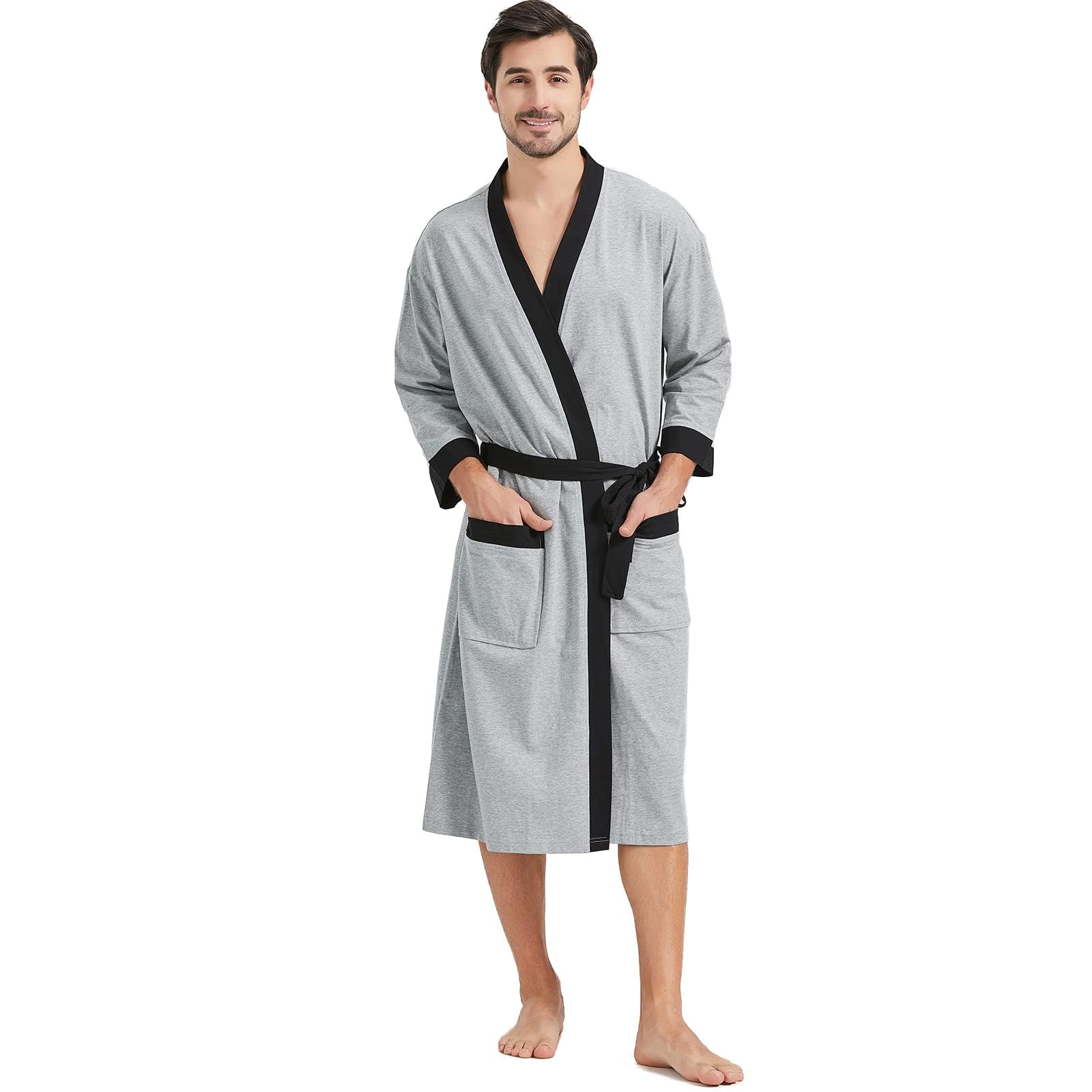 FashGudim Mens 100% Cotton Robe Lightweight Summer Bathrobe Soft Weave Kimono Bath Robe