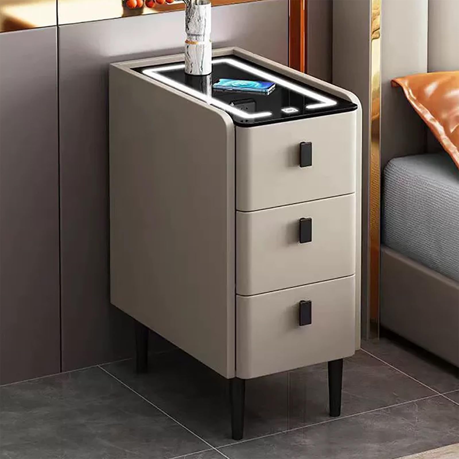 FYIYIEW bedside table, With 3-color LED Wireless Charging Station Leather Nightstand With 3 Large Capacity Drawers(Khaki,35cm/13.8in)