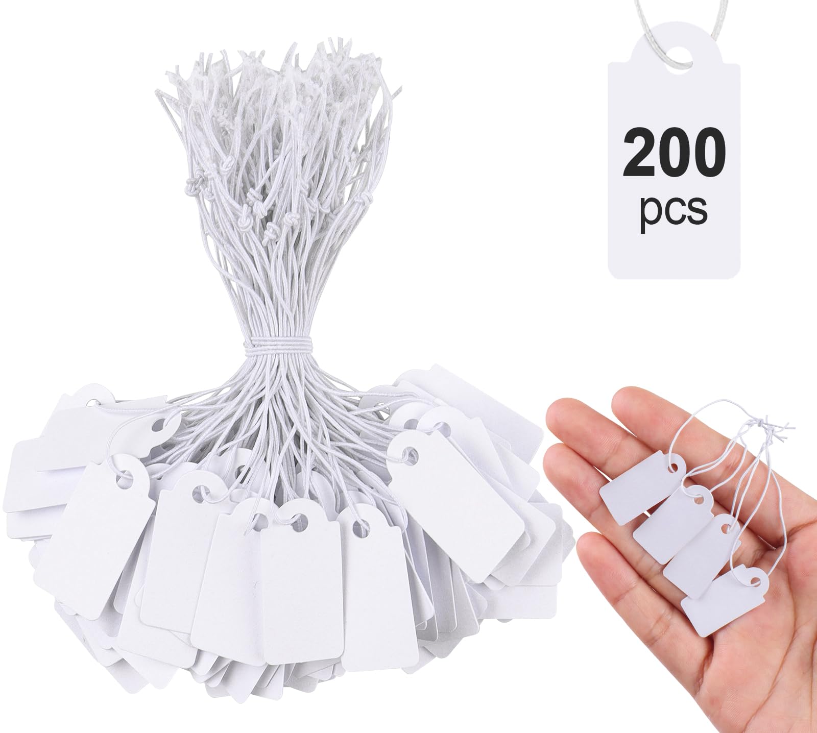 200 Mini étiquettes De Prix Avec Cordon élastique - 26x13 Mm, Blanc, Pour Bijoux, Vêtements, Présentation