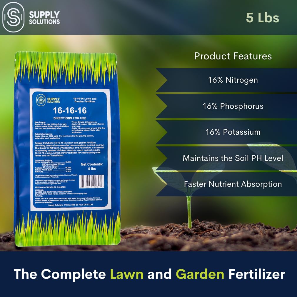 Supply Solutions 16-16-16 Complete Lawn & Garden All Purpose Granular Fertilizer - The Ultimate Plant Food for Lush Greenery & Vibrant Blooms - for All Plants, Vegetables, Fruits, and Berries - 5lbs