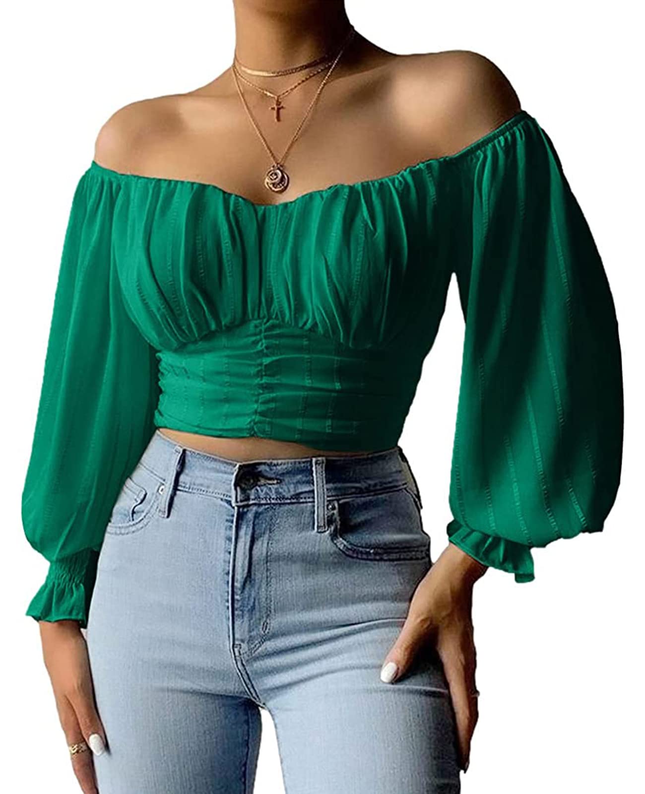 MIRACMODA Womens Elegant Off The Shoulder Puff Sleeve Blouse Summer Chiffon Slim Fit Party Crop Top