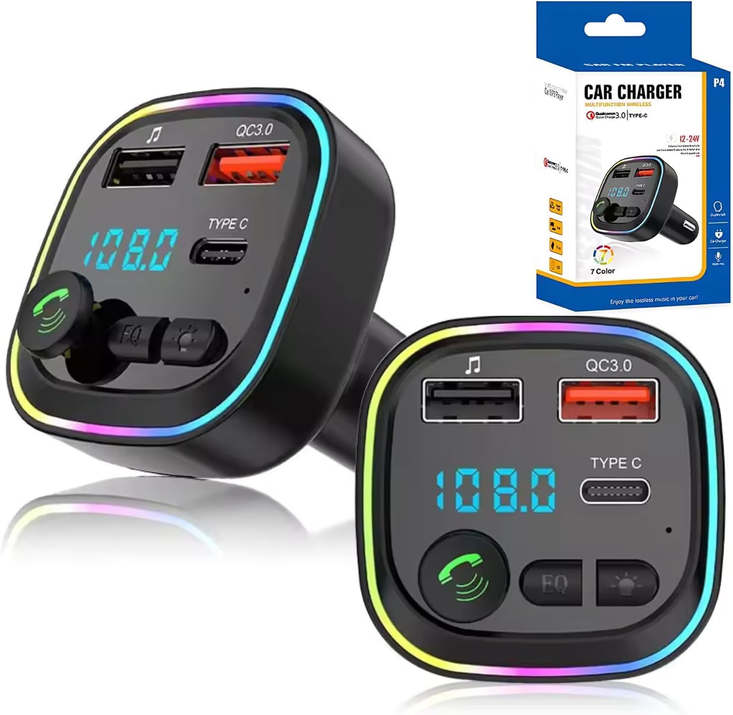5.4 FM Wireless Bluetooth Transmitter Charger Adapter With Dual USB Ports+ Type C, PD 20W & QC 3.0 Super Fast Charging Transmitter[Light Switch] [HiFi Bass Sound] Hands-Free Calling,Support TF Card
