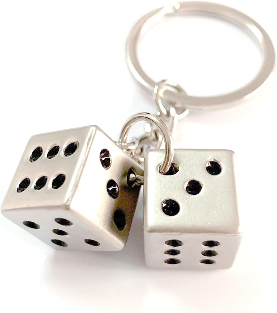 Lucky Silver Metal Dice Keychain with Black Dots - Stylish and Fortunate Charm for Keys, Bags, and Everyday Use - Durable, Multipurpose Accessory