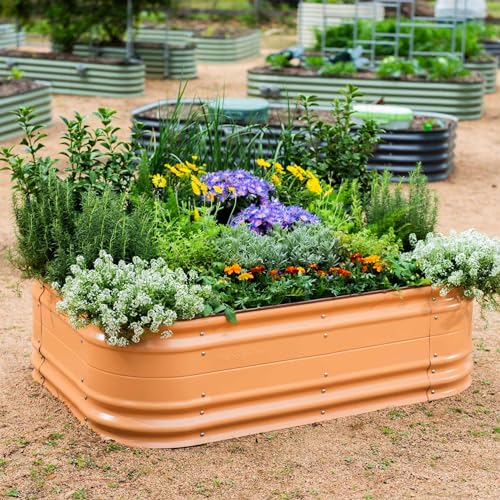 Vego garden 17" Tall 6 in 1 Novel Modular Raised Garden Bed Kit Metal Planter Box with 2 in 1 Wrench & Magnetic Plant Tags for Vegetables Flowers Fruits, Terra Cotta