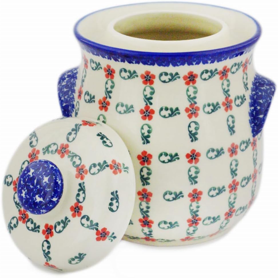 Polmedia Polish Pottery Fermenting Crock with Water Seal Airlock - Red Flower Lattice Pattern Handmade in Boleslawiec Poland by Ceramika Dalia + Certificate of Authenticity