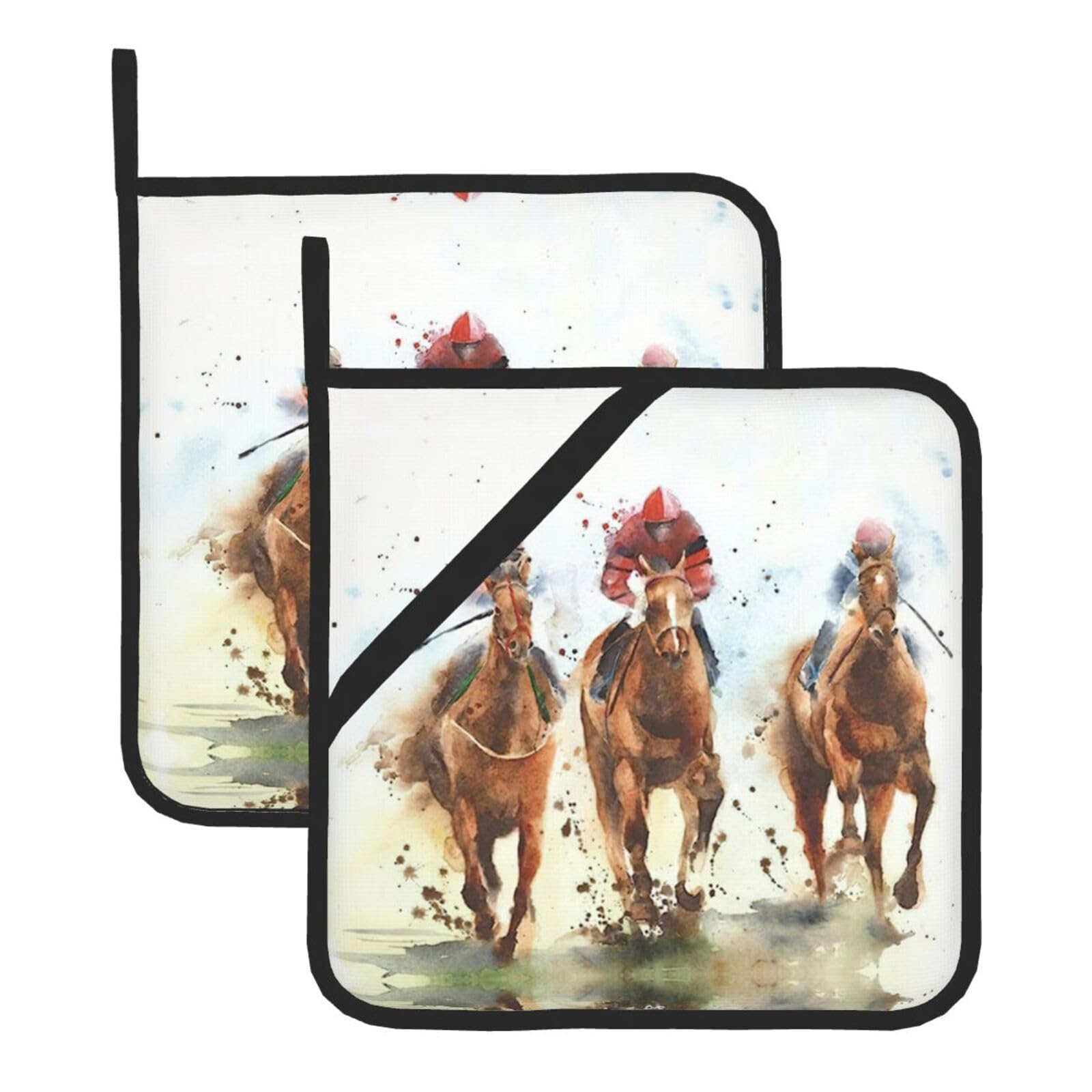 YYHWHJDE Horse Race Riding Prints Square Hot Pads for Kitchen Counter - Waterproof Pot Holders, Durable Oven Mitt Layers with Hanging Loop, Heat Resistant Trivets (2-Pack)