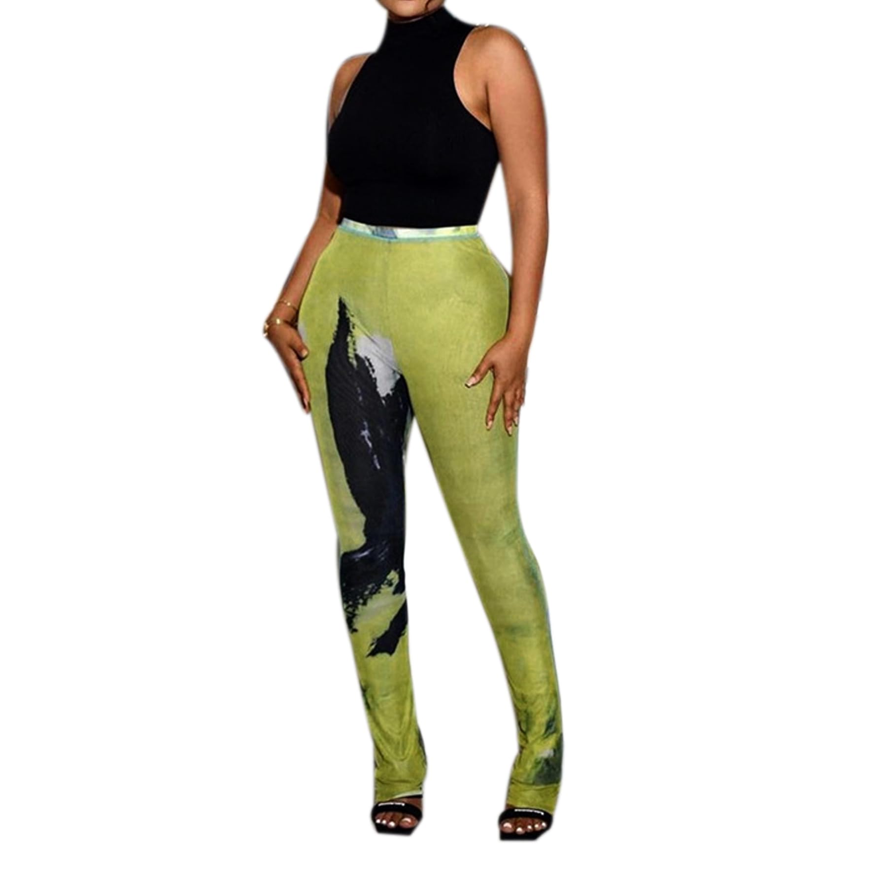 Women's Sheer Mesh Tie Dye Print Long Pants Fashion Mid Waist Micro Flared Trousers for Party Rave Club Streetwear