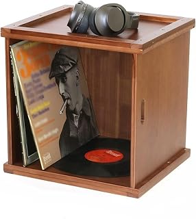 DVD Shelf Organizer Vinyl Record LP Storage Box, Wooden Crate with Handle - Table Top Pine Album Holder and Organizer, Stackable Case CD Storage Rack(Brown)