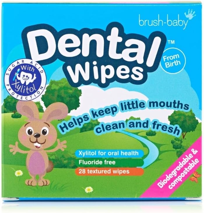 Product image of Brush-Baby DentalWipes for Babies, Stage 1 Birth, First Teeth, Suitable from 0-16 Months, Soft & Gently Clean Your Baby’s Mouth, Gums and Tongue, Individually Wrapped, White, 28 Count