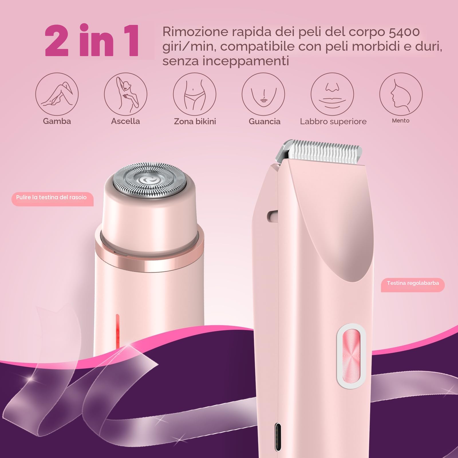 Rasoio Elettrico Donna,2 in 1 Rasoio Elettrico Corpo IPX7 Impermeabile,Rasoio Intimo Donna a Secco e Bagnato,Indolore Rasoio Parti Intimer, facile da pulire