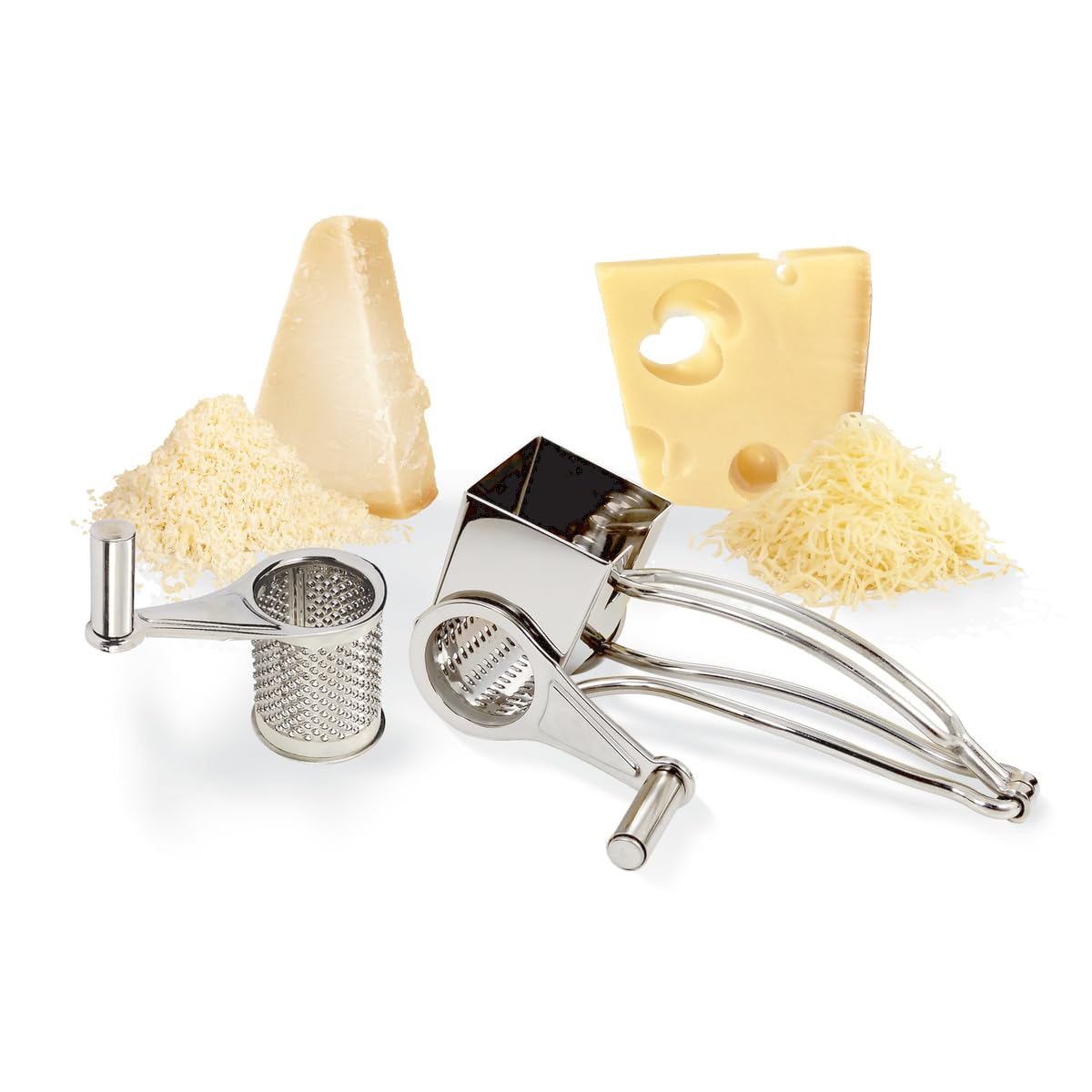 LA BONNE GRAINE – Moulin Râpe à Fromage Manuel en Inox – 2 Tambours Gruyères et Parmesan Inclus – Qualité Professionnelle - Passe au Lave-Vaisselle – Résistant et Efficace – 25 x 11,5 x 10,5 cm