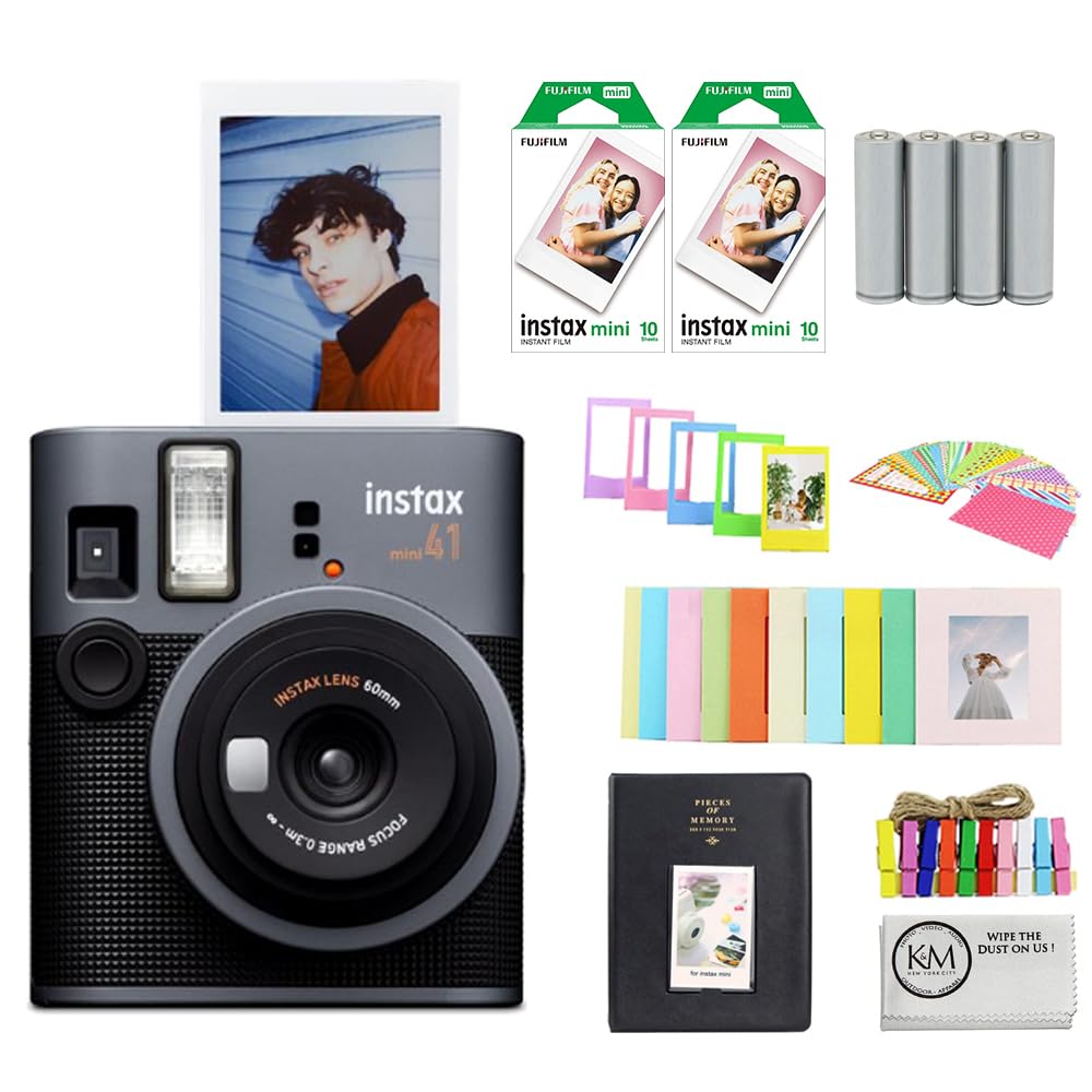 FUJIFILM INSTAX Mini 41 Instant Camera Bundle with Instax Mini Film | 20 Exposures + 4 Pack AA Batteries + Album, Borders, Stickers & Clips + Cleaning Cloth (5 Items)