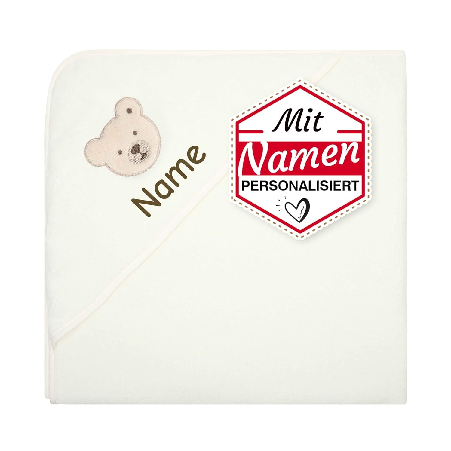 LALALO Steiff Badetuch mit Kapuze, Kapuzenhandtuch Bestickt mit Name für Baby & Kinder, Frottee Badehandtuch/Babybadetuch 100x100 cm (Weiß/Beige)