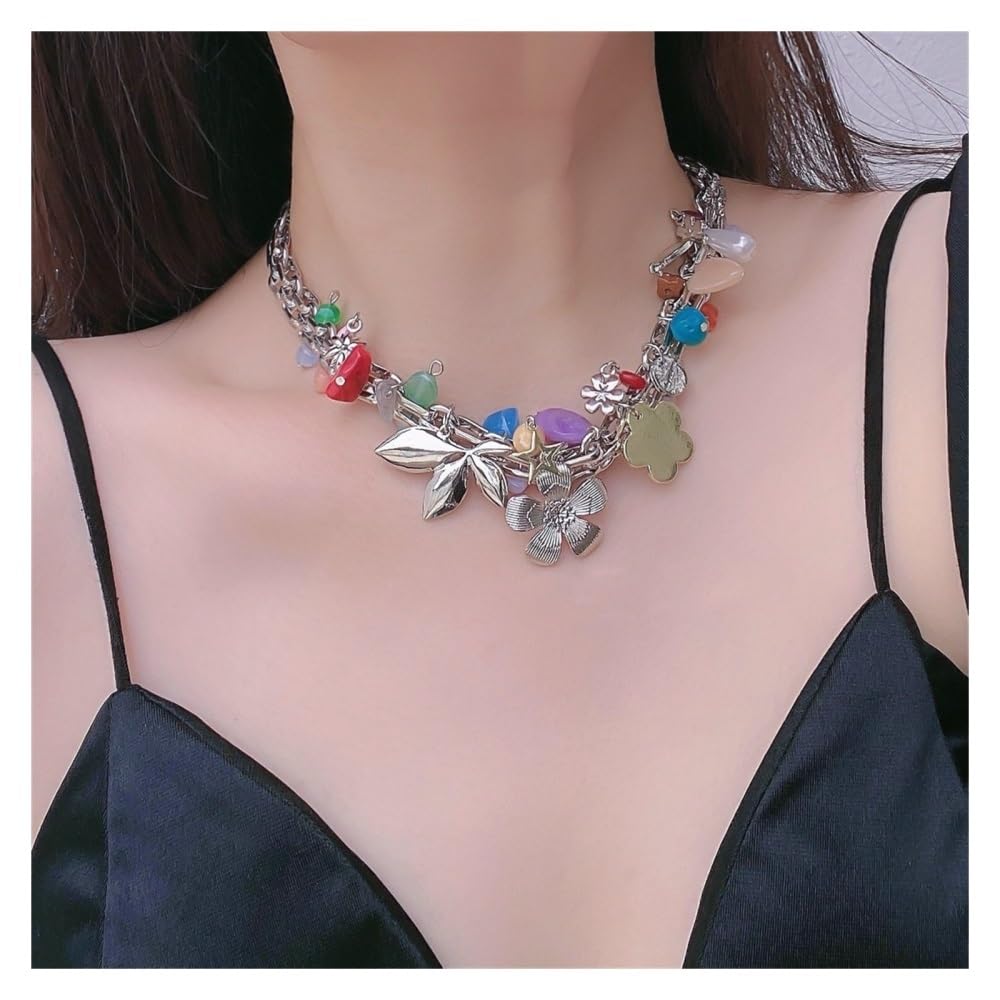 Collier ras du cou rose fleurs en pierre naturelle le cadeau tendance idéal