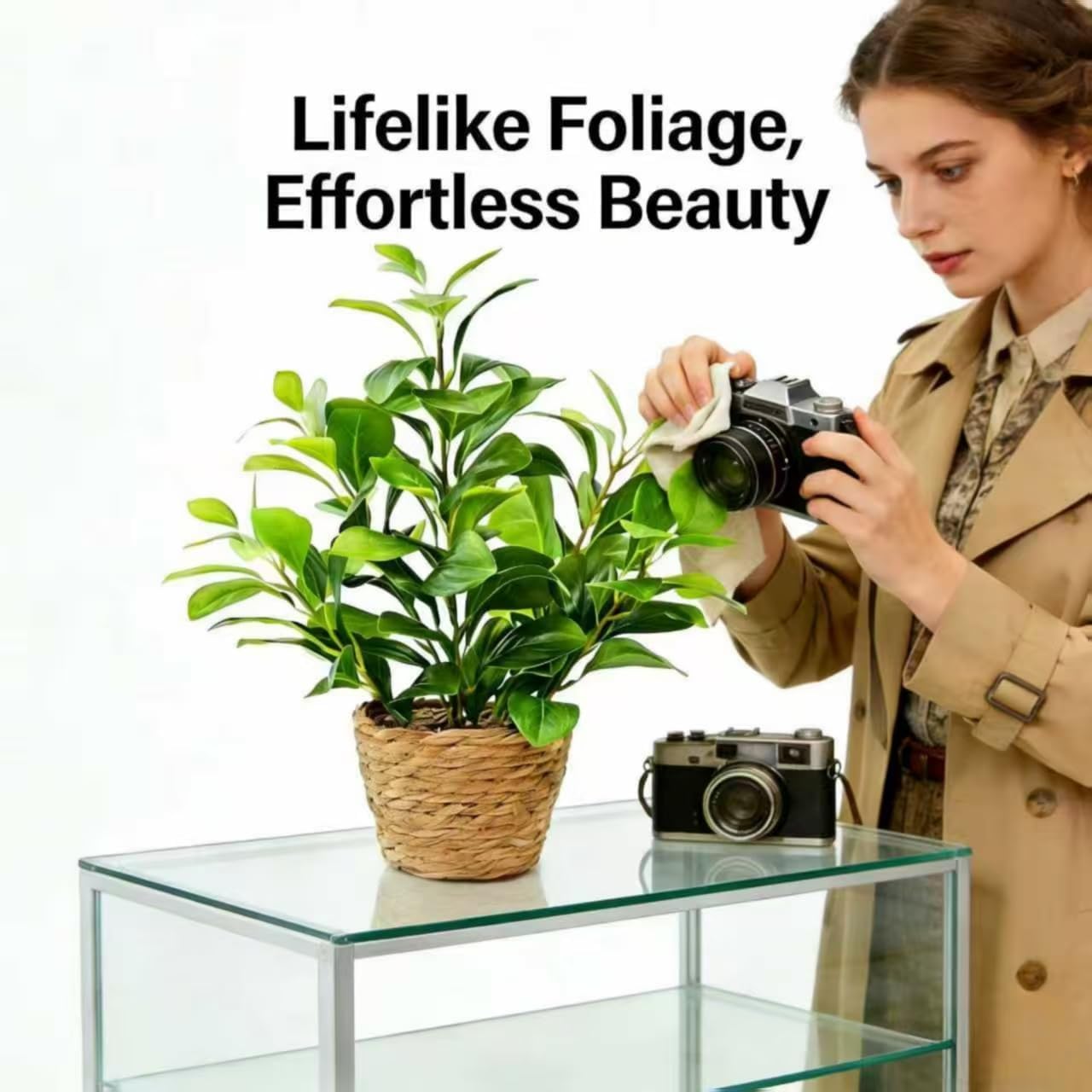 16 inch Artificial Peperomia Potted Plant in Woven Basket Planter Lifelike Two Tone Green Leaves Faux Indoor Branches for Home Office Desk Shelf Bathroom Table Decor