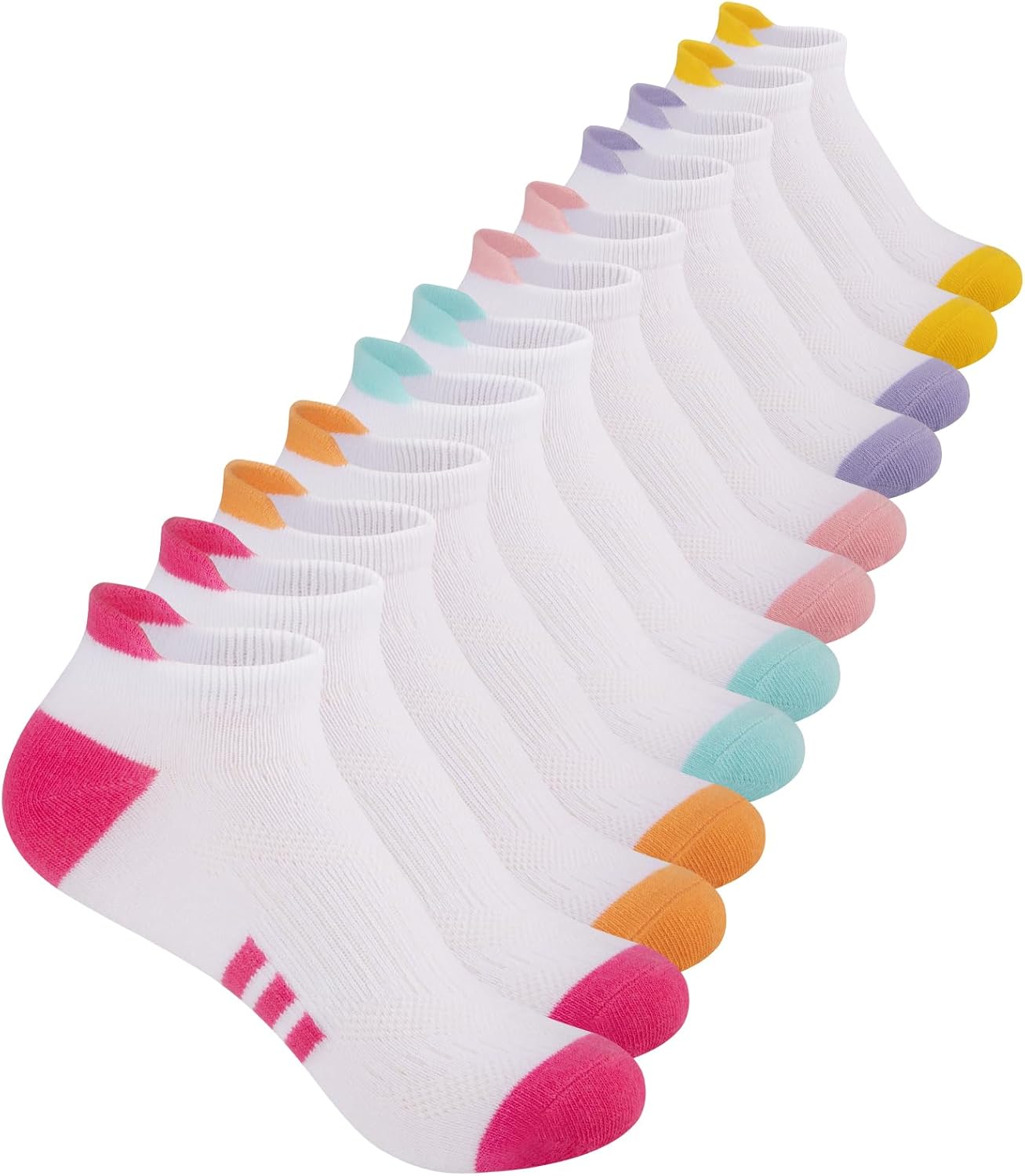 Comfoex 12 Pairs Girls Athletic Ankle Socks for 4-6 6-8 8-10 Years Old - Cotton Short Socks for Little Big Kids White 12 Pairs 7-10 Years