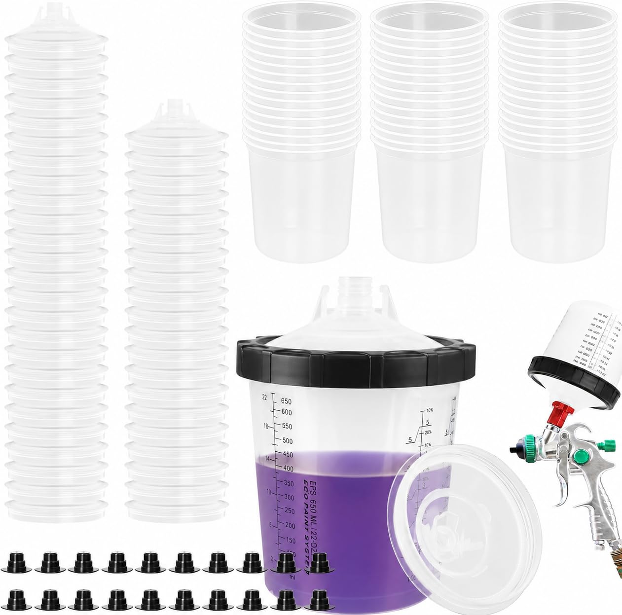 Lackierbecher Set 650 ml, 45 Einwegbecher für HVLP-Lackierpistolen | Enthält 45 Filterdeckel mit 125-μm-Filter, 20 Stopfen und 1 Hartbecher zum Mischen, Filtern, Sprühen und Aufbewahren