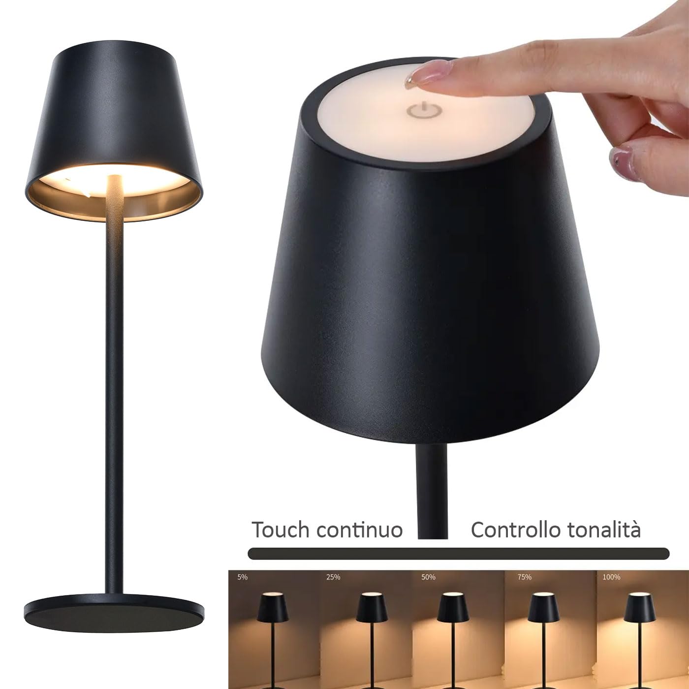 Set di 3 Lampada da Tavolo Touch Senza Fili Ricaricabili, LED Dimmerabili con 3 Tonalità di Luce 3000-6500K, Impermeabili IP54, Ideali per Interni ed Esterni
