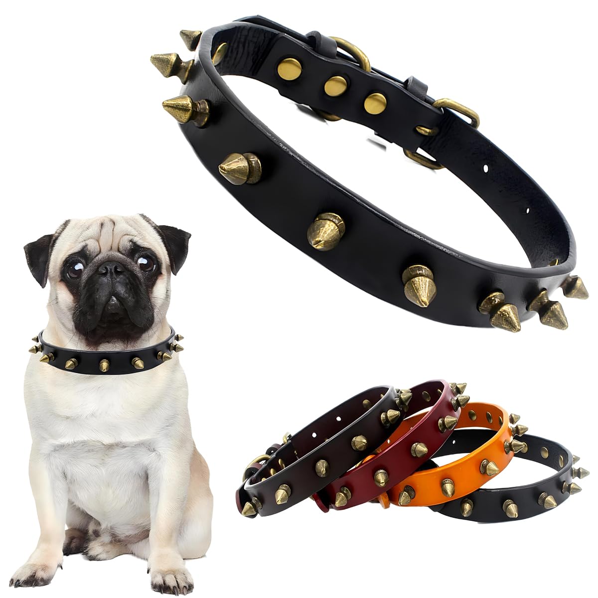 Collares de perro con pinchos, correa para el cuello de cuero para cachorros, lindo collar punk, remaches duraderos, con hebilla ajustable para perros pequeños, medianos y grandes, negro, S