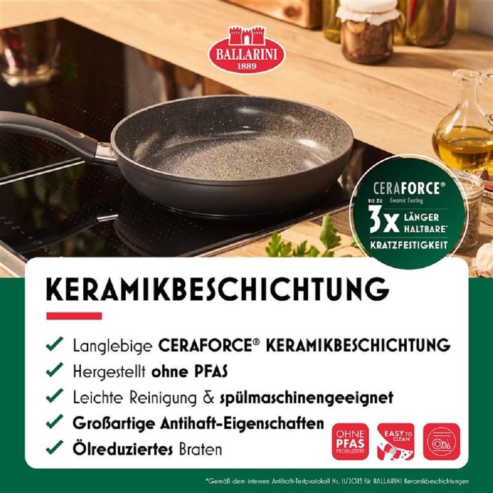 BALLARINI Bari Bratpfanne, 28 cm, Aluminium, Keramikbeschichtung, Kratzfeste Beschichtung, Keramikpfanne für alle Herdarten, Induktionsgeeignet [Made in Italy], Schwarz / Grau
