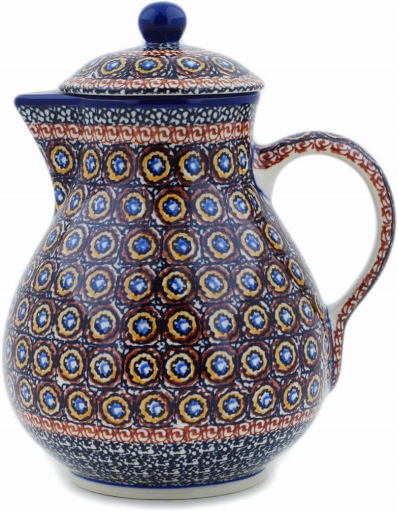 Polmedia Polish Pottery Pitcher with Lid UNIKAT - Brown Beauty Pattern Handmade in Boleslawiec Poland by Ceramika Artystyczna + Certificate of Authenticity