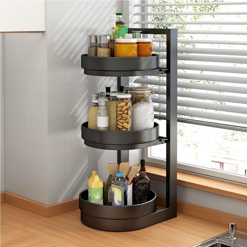 Goxyffmnv Spice Rack, Condiment Storage Rack, Metal Storage Shelf, Rotating Organizer, Desktop Organizer Stand for Kitchen, Living Room, Bathroom(Black,11.1 * 9.8 * 25.5in)