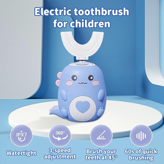 Kids Electric Toothbrush U Shaped, 360° Ultrasonic Toothbrush, Automatic Toothbrush with 4 Brushs Head & 3 Cleaning Modes, Ipx7 Waterproof, for Boys and Girls Age 2-12