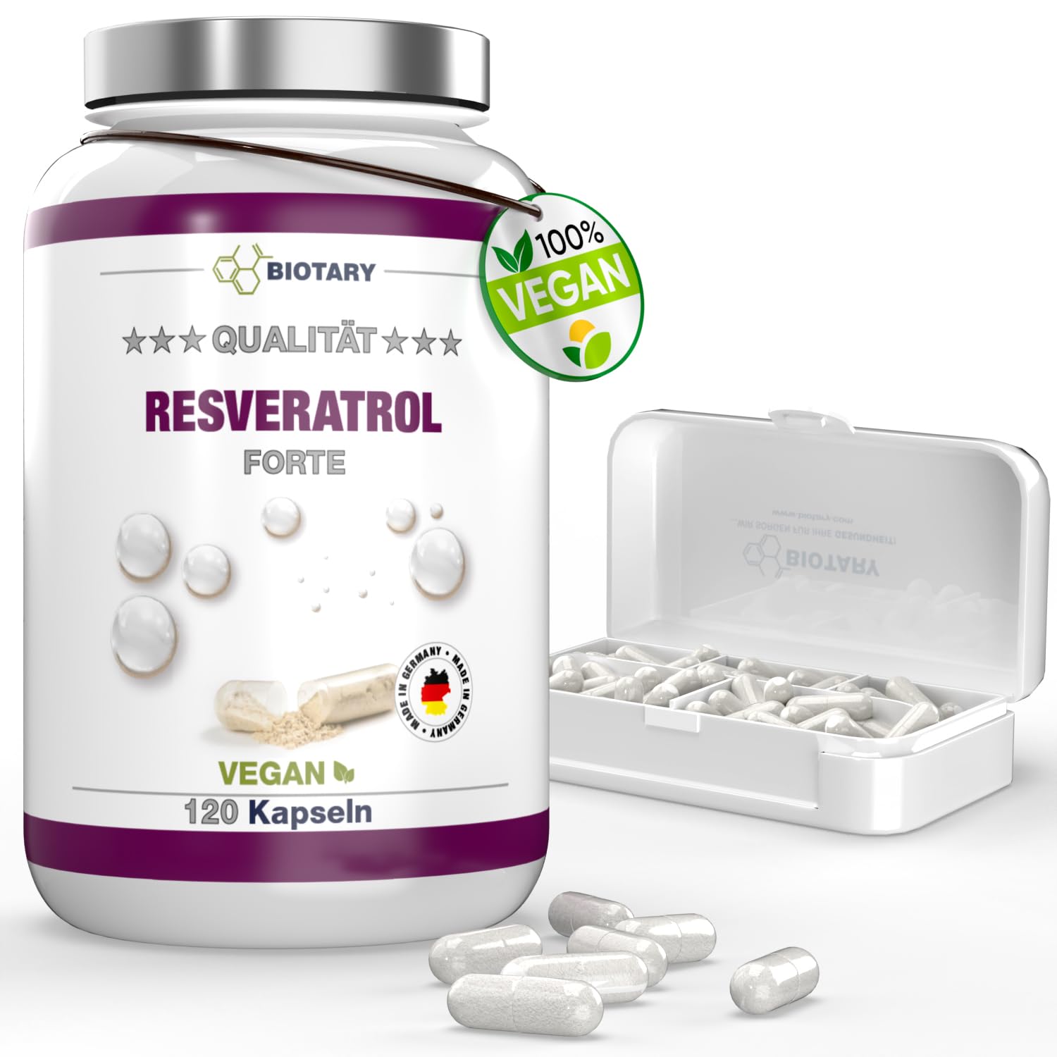 Resveratrol 120 gélules 500 mg, 4 mois d'approvisionnement, pilulier inclus, testé en laboratoire, végétalien, 98% de trans-resvératrol d'extrait de racine de renouée japonaise