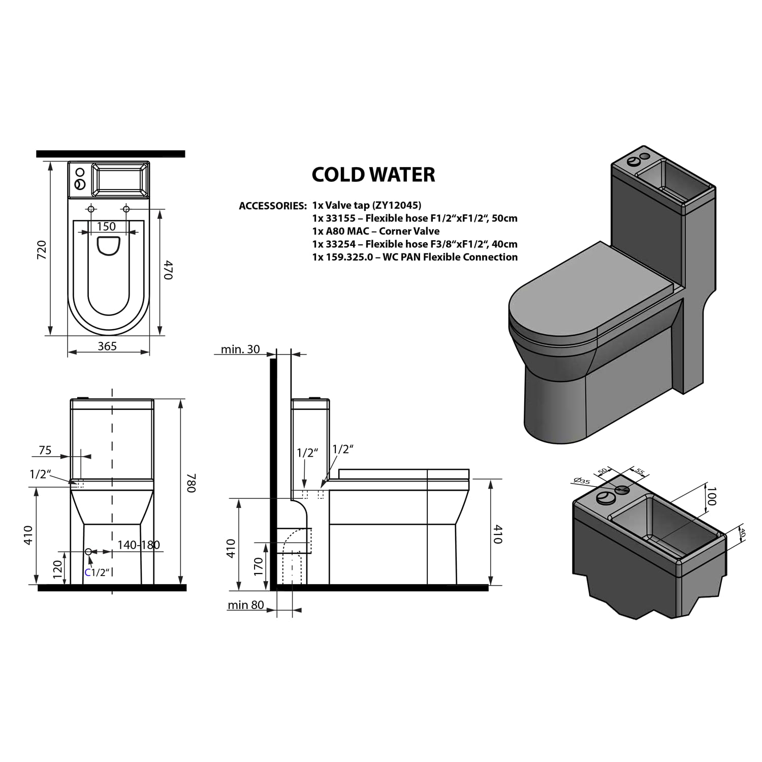 Inodoro compacto que ahorra agua con base integrada, asiento de cierre suave y grifo de agua fría retro negro