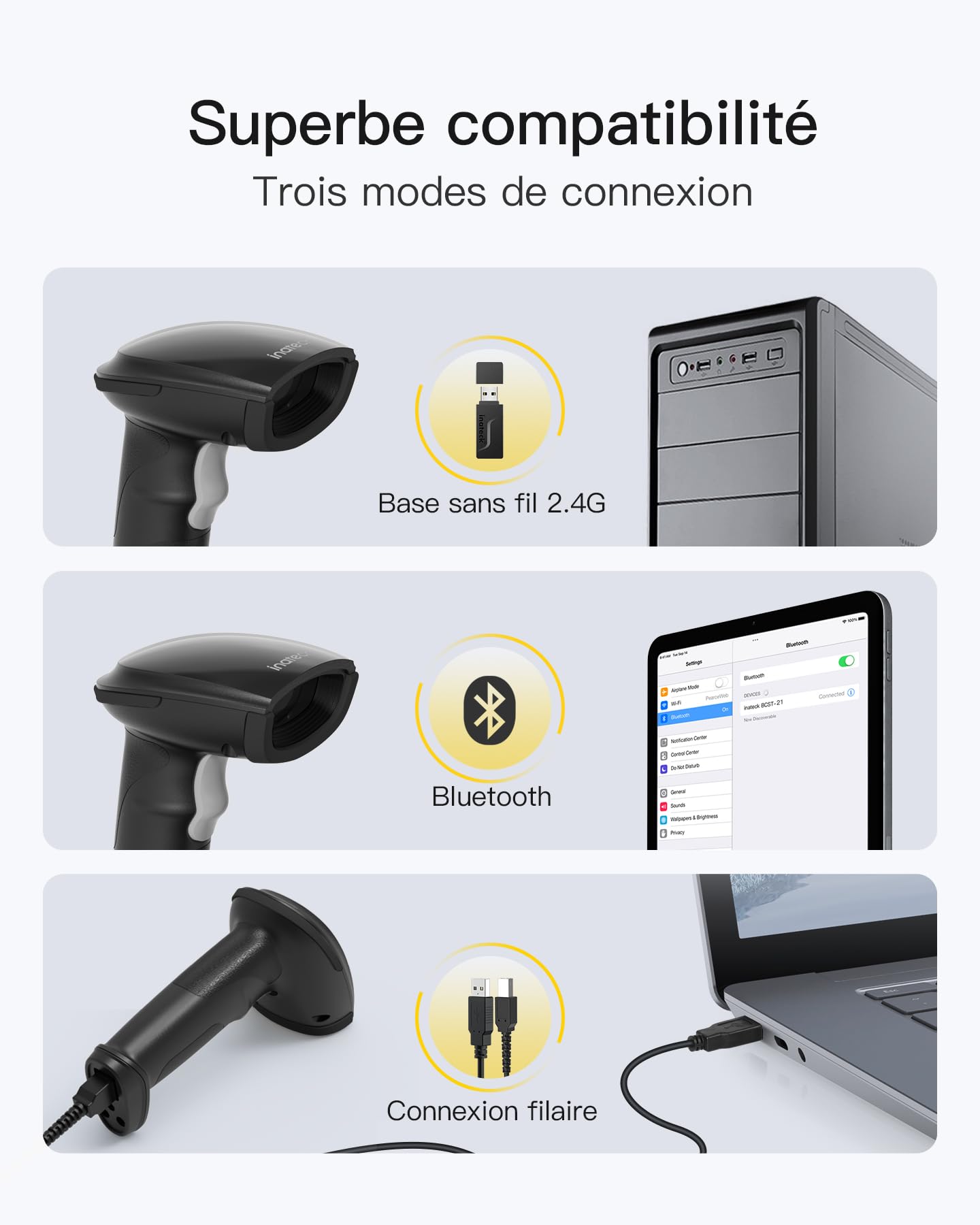 Inateck Scanner Code Barre Bluetooth, Lecteur Code Barre sans Fil Portable, 1 Charge 3 Mois, Douchette Code Barre 1D 2D QR Code avec APP et SDK, BCST-23, Foncé