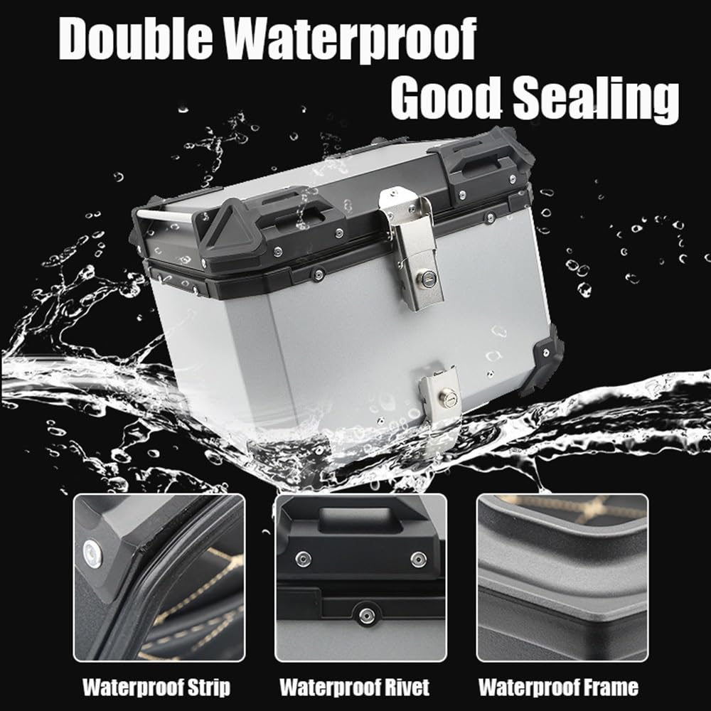 Universal Baúl De Moto,Motocicleta Topcase Grande Capacidad 28/36/45/55/65/80/100L,Maletero De Moto De Aluminio, Baul Moto con Desenganche RáPido Base(Plata,45L)