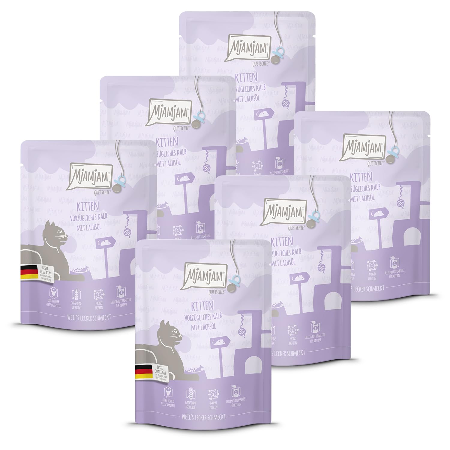 MjAMjAM - Premium Nassfutter für Katzen - Quetschie Kitten vorzügliches Kalb mit Lachsöl 300g, 6er Pack (6 x 300g), naturbelassen mit extra viel Fleisch