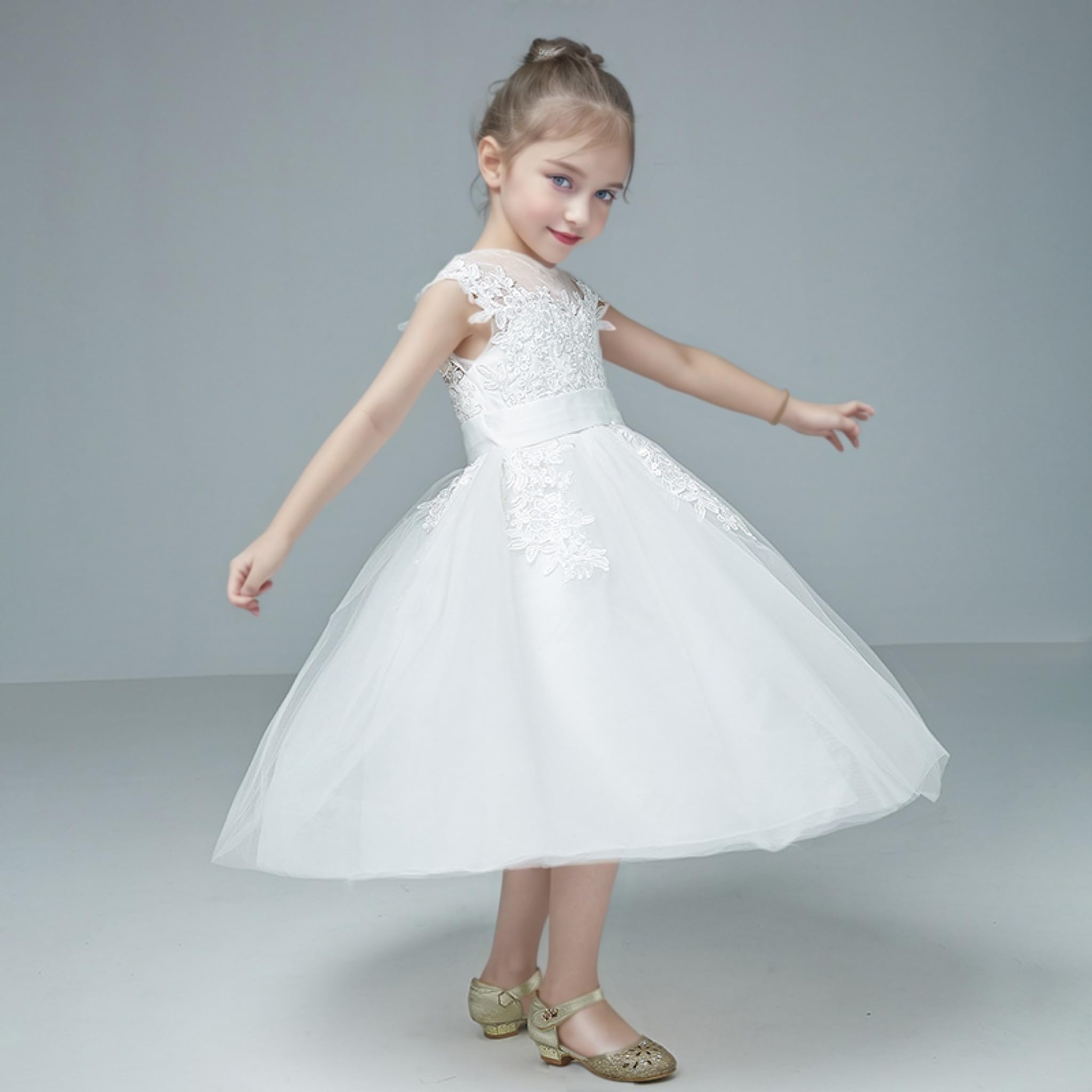 Generisch Blumen Mädchen Kleid Mit Halben Ärmeln Spitzenoberteil Tüll Kleider Für Mädchen Zum Geburtstag Zur Hochzeit Zur Erstkommunion Zum Festzug Zum Ball