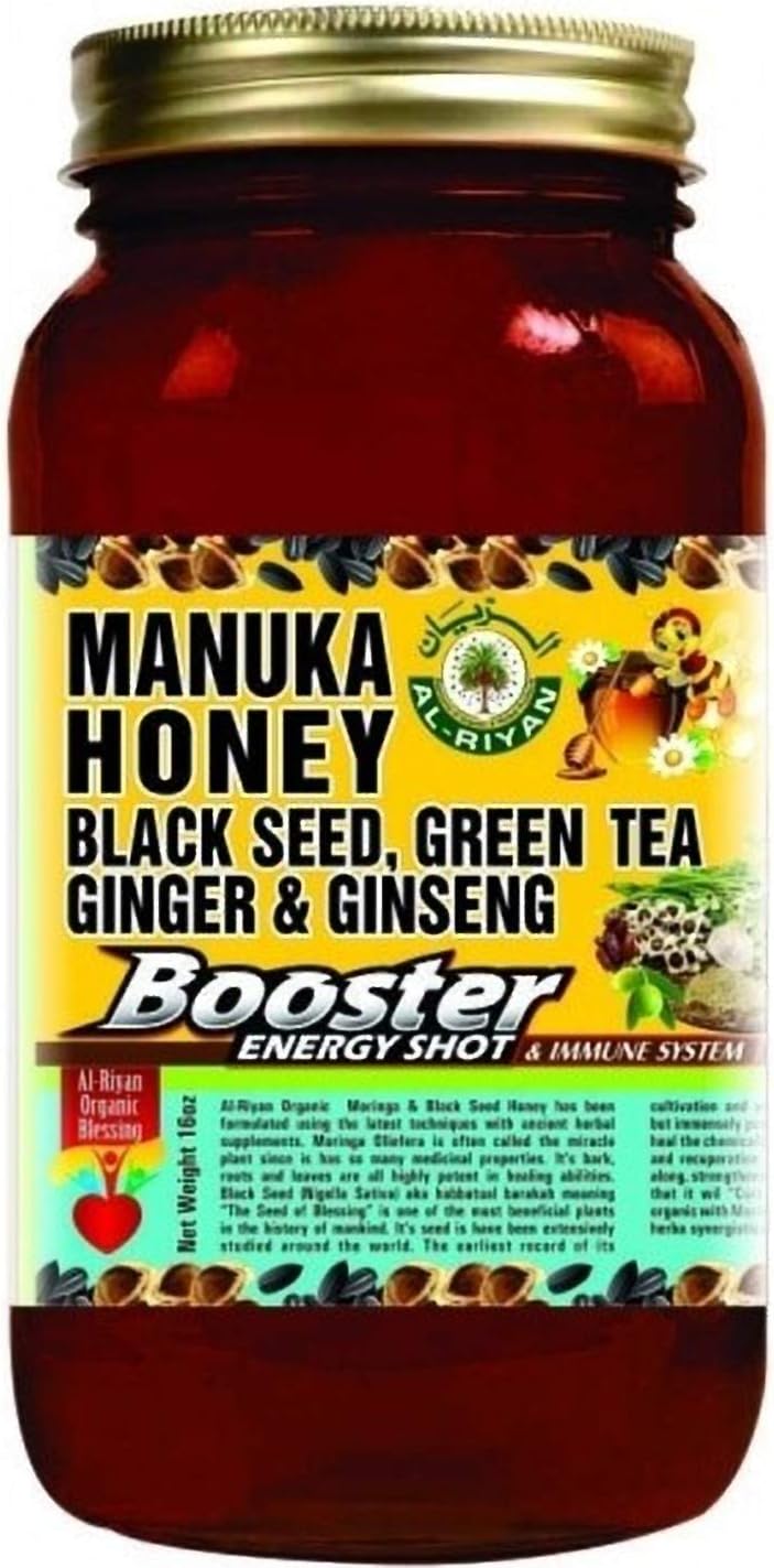 Manuka Honey Black Seed Green Tea Ginger Ginseng Honey Immune System Booster 16 OZ
